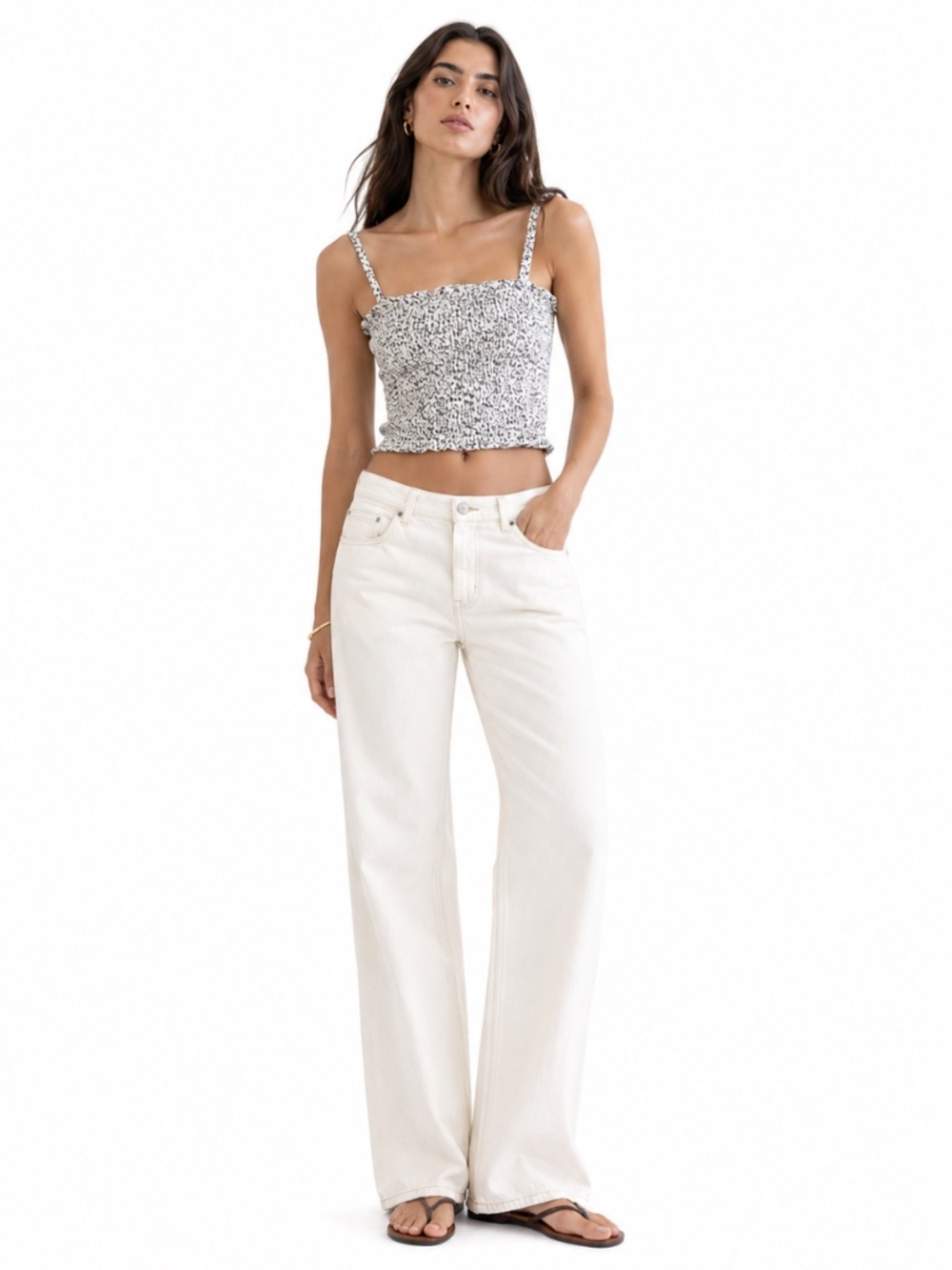 J. Galt White & Black Floral Smocked 100% Linen Tube Crop Top – One Size EUC